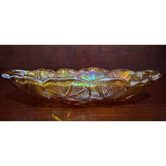 Vintage Carnival Glass Serving Dish Iridescent 9.5” Amber Gold Sunflower Design - Picture 2 of 8